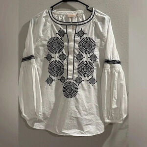 Tory Burch Aubrey Poplin Tunic Embroidered Peasant Top Blouse Ivory Size 4
